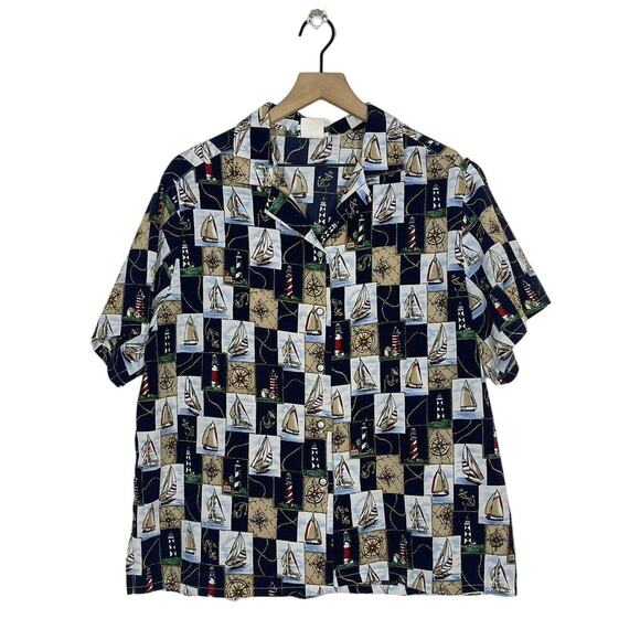 Vintage Bon Worth Womens Size Petite L Nautical Button Shirt Boats Lighthouse - Picture 1 of 8